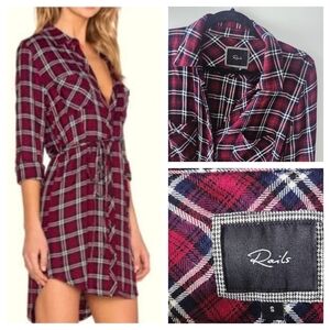 RAILS Plaid Shirt Dress Size S Burgundy Navy Soft Rayon Tie Waist
